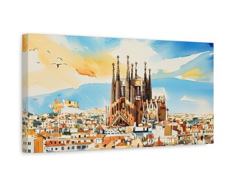 BARCELONA Canvas Watercolor Painting, Spain Poster, Spain Wall Art, Travel Print, Wedding Gift, Birthday Present