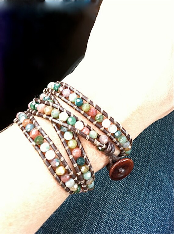 Items similar to Boho Beach style hippie leather faceted gemstone jade ...