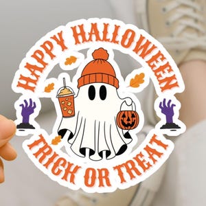 Happy Halloween Ghost Sticker | Cute Trick or Treat Vinyl Decal, Fall Coffee & Pumpkin Ghost, Spooky Season Aesthetic