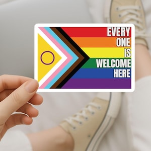 Everyone Is Welcome Here Sticker | Progress Pride Flag LGBTQ+ Decal | Inclusive POC Trans Ally Vinyl | Equality Affirmation Gift