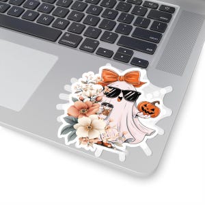 Boho Ghost Halloween Sticker | Cute Floral Pastel Ghost with Pumpkin | Fall Aesthetic Vinyl Decal for Laptop, Water Bottle, Skateboard