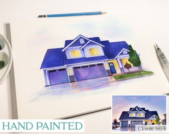 Hand Painted Watercolor House Custom Painting - Classic Style - Digital File Incl.- House Warming Gift - Real Estate Agent - New Home Gift