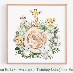 Safari Animal Wreath IVF Embryo Ultrasound Watercolor Art Print -Hand Painted Embryo - Pregnancy Announcement Memorial Gift Embaby Fertility
