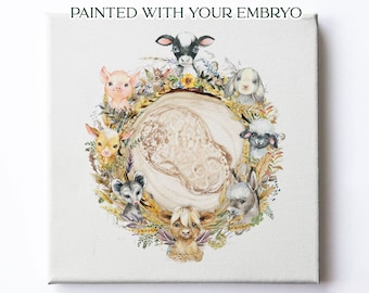 Farm Animal Wreath IVF Embryo Ultrasound Watercolor Art Print - Hand Painted Embryo -Pregnancy Announcement Memorial Gift Embaby Fertility