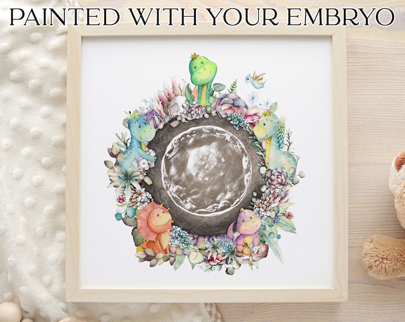 Watercolor Dinosaur IVF Embryo Art Print Hand Painted Embryo Pregnancy Announcement Memorial Gift Embaby Ultrasound image 1