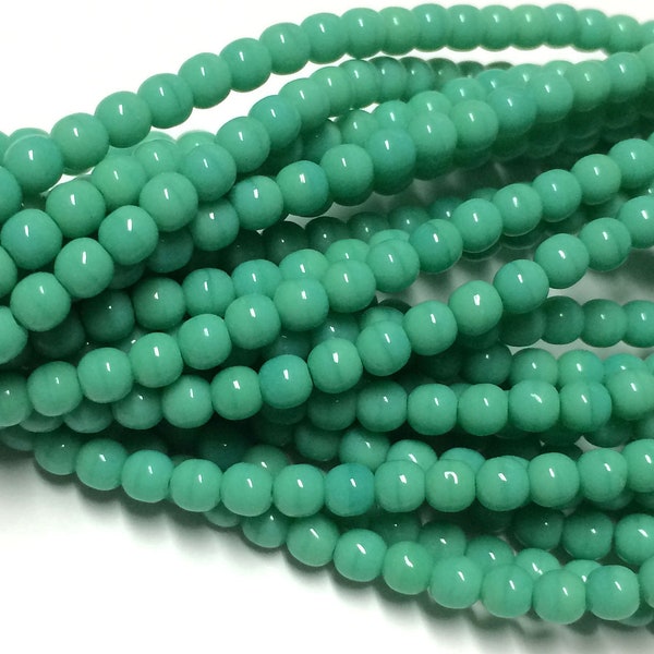 50 - Czech Glass 4mm Smooth Round Druks - Bohemian Spacer Beads / Boho Accent Beads / Jewelry Supply - Opaque Turquoise Green