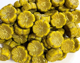 Czech Glass 14mm Chunky Carved Flat Flower Beads - Bohemian Focal Beads / Rustic Hibiscus Flowers - Etched Opaque Pear Yellow with Gold Wash