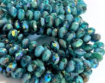 30 - Czech Glass 3x5mm Faceted Rondelle - Bohemian Spacer Beads / Rustic Boho Accent Beads - Opaque Turquoise / Teal Blue AB Cut-thru bronze