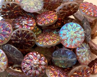 Czech Glass 14mm Etched Dahlia Coin - Bohemian Focal Beads / Boho Flower Beads / Floral Jewelry Supply - Crystal Rainbow Iris AB