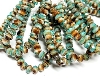 30 - Czech Glass 3x5mm Faceted Rondelle - Bohemian Spacer Beads / Rustic Boho Accent Beads - Aqua / Beige / White Cut-thru Picasso