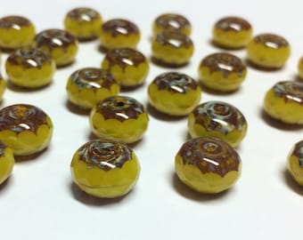 Czech Glass 13x8mm Faceted Rondelle - Bohemian Focal Beads / Boho Accent Beads / Large Rustic Beads - Yellow Opal Cut-thru Picasso