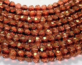 30 - Czech Glass Fire Polished 3x5mm Faceted Rondelle - Bohemian Spacer Beads / Boho Accent Beads / Jewelry Supply - Rose Luster