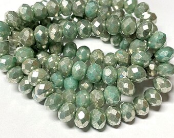 Czech Glass 8x6mm Faceted Rondelle - Bohemian Focal Beads / Boho Accent Beads / Rustic Jewelry Supply - Opaque Mint Green Mercury Finish