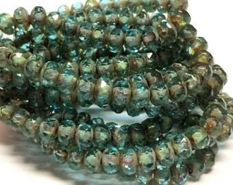 30 - Czech Glass 3x5mm Faceted Rondelle - Bohemian Spacer Beads / Boho Accent Beads / Rustic Jewelry Supply - Aqua Cut-thru Picasso