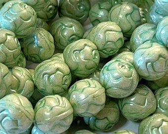 Czech Glass 10mm Rosebud Beads - Bohemian Roses / Rustic Boho Flower Beads / Carved Focal Beads - Opaque Mint Green