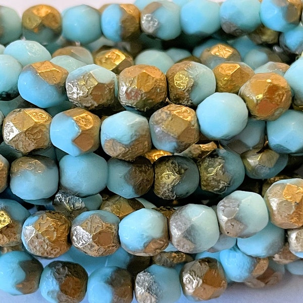 25 - Czech Glass 6mm Faceted Textured Round Beads - Bohemian Accent Beads / Rustic Boho Spacers - Etched Opaque Sky Blue Gold Half-Metallic