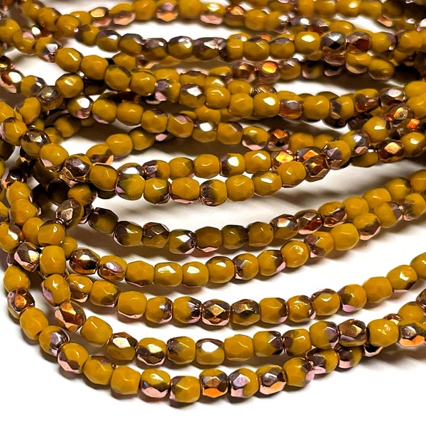 100 - Czech Glass 3mm Fire-Polished Faceted Round Beads - Bohemian Spacer Beads / Boho Accent Beads - Opaque Mustard Yellow Bronze Iris