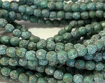 50 - Czech Glass 4mm Faceted Round Fire Polished Beads - Bohemian Spacer Beads / Rustic Boho Accent Beads- Textured Opaque Sea Green Picasso