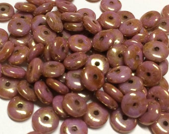 Czech Glass 6mm Smooth Rondelle Beads - Bohemian Spacer Beads / Boho Accent Beads / Jewelry Supply - Opaque Rose / Gold Luster