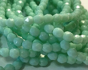 50 - Czech Fire-Polished Glass 4mm Faceted Round Beads - Bohemian Spacer Beads / Boho Accent Beads / Jewelry Supply - Opaque Pale Jade