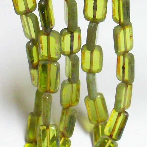 Czech Glass 12x8mm Window Cut Rectangle - Olivine Picasso - 10 beads