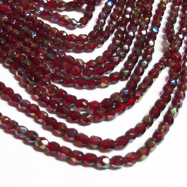 Czech Fire-Polished Glass Faceted Round - 4mm - Garnet Celsian - 50 Beads