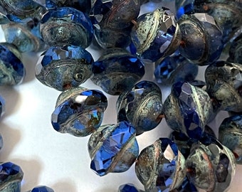 Czech Glass 10x8mm Faceted Saturn Beads - Bohemian Focal Beads / Rustic Boho Accent Beads - Sapphire Cut-thru Picasso