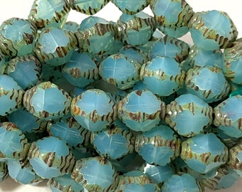 Czech Glass 9x8mm Etched Bicone - Bohemian Accent Beads / Spacer Beads / Rustic Boho Focal Beads - Milky Aquamarine Cut-thru Picasso