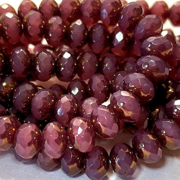 Czech Glass 7x5mm Faceted Rondelle - Bohemian Spacer Beads / Boho Accent Beads / Jewelry Supply - Milky Pink Cut-thru Bronze