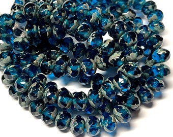 Czech Glass 7x5mm Faceted Rondelle - Bohemian Spacer Beads / Boho Accent Beads / Jewelry Supply - Capri Blue Cut-thru Picasso