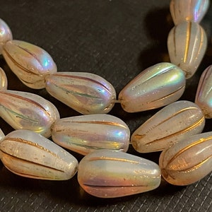 Czech Glass 15x8mm Center-drilled Fluted Teardrop Beads - Bohemian Accent Beads / Rustic Boho Melon Drops - Milky Light Gray AB
