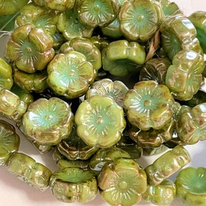 Czech Glass 12mm Chunky Carved Flower Beads - Bohemian Focal Beads / Boho Rustic Hawaiian Pansy Beads - Opaque Light Green Picasso Luster