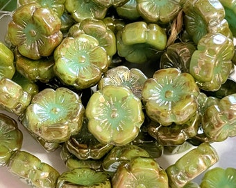 Czech Glass 12mm Chunky Carved Flower Beads - Bohemian Focal Beads / Boho Rustic Hawaiian Pansy Beads - Opaque Light Green Picasso Luster