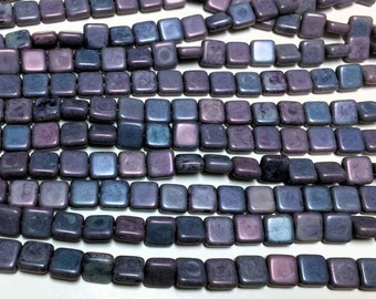 25 - Czech Glass 8mm Flat Square Beads - Bohemian Focal Beads / Boho Accent Beads / Rustic Spacer Beads - Matte Opaque Amethyst Luster