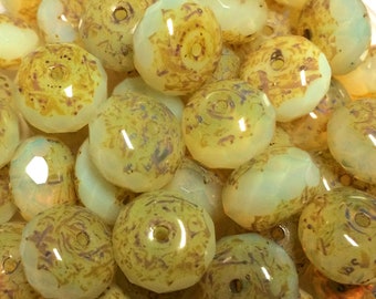 Czech Glass 13x8mm Faceted Rondelle - Bohemian Focal Beads / Boho Accent Beads / Large Rustic Beads - Pale Yellow Opal Cut-thru Picasso