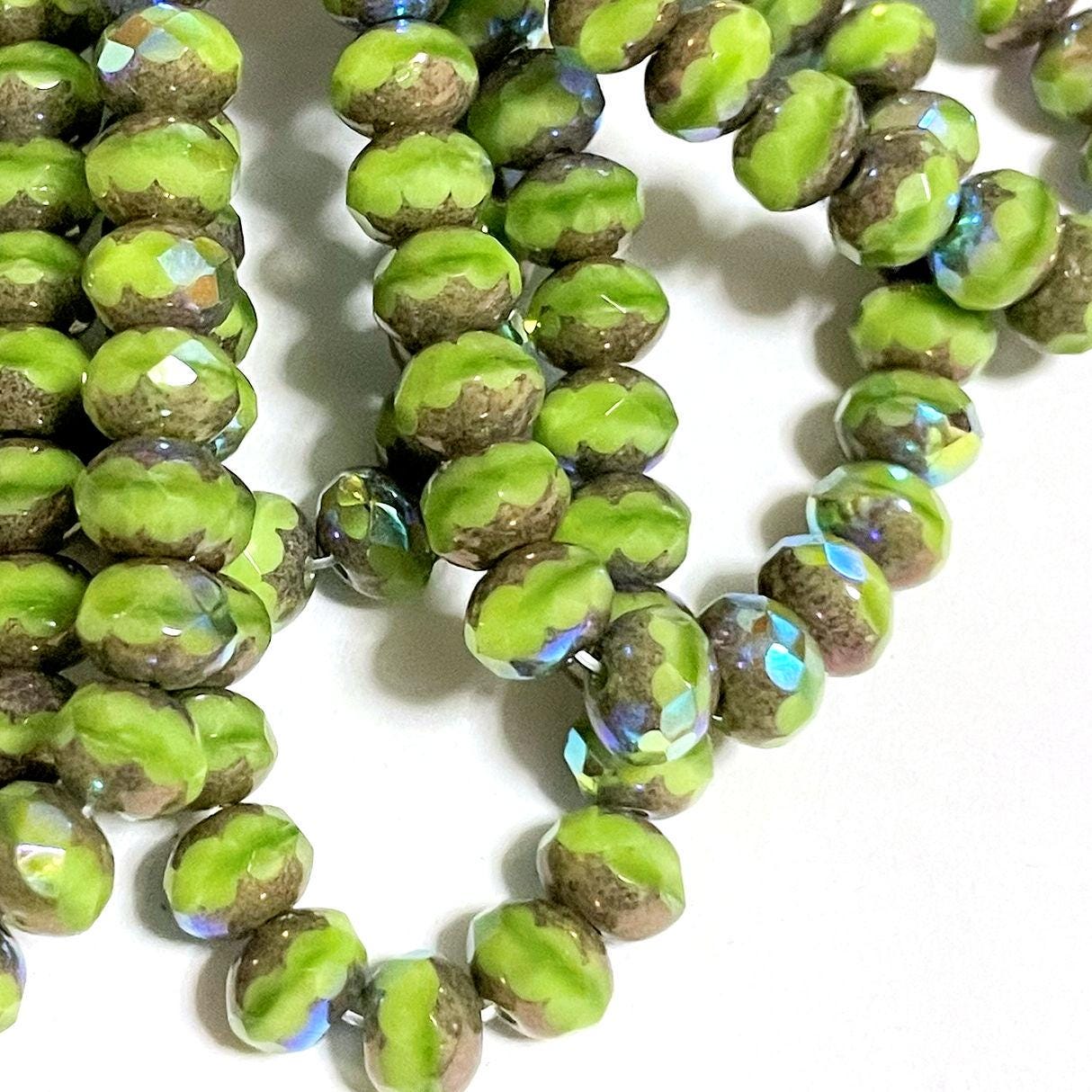 Czech Glass 7x5mm Faceted Rondelle - Bohemian Spacer Beads / Boho Accent Beads / Jewelry Supply - Opaque Avocado Green Cut-thru Picasso AB