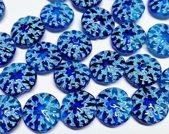 Czech Glass 14mm Etched Dahlia Coin - Bohemian Focal Beads / Boho Flower Beads / Rustic Jewelry Supply - Transparent Cobalt/Aqua Blue Wash