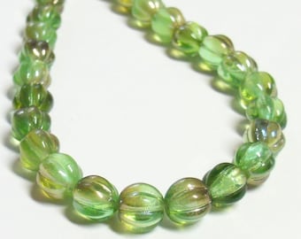 25 - Czech Glass 8mm Fluted Round Melon Beads - Bohemian Focal Beads / Boho Accent Beads / Jewelry Supply - Peridot Celsian