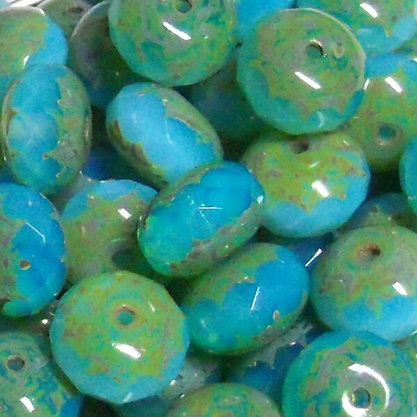 Czech Fire-polished 13x8mm Faceted Rondelles - Aquamarine Opal Cut-thru Picasso - 6 beads