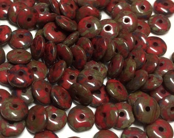 Czech Glass 6mm Smooth Rondelle Beads - Bohemian Spacer Beads / Boho Accent Beads / Rustic Jewelry Supply - Opaque Red Picasso