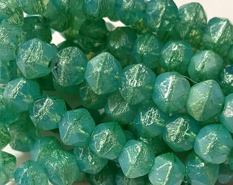 Czech Glass 8x6mm Faceted English Cut Nugget Beads - Bohemian Focal Beads / Boho Accent Beads - Etched Milky Seafoam Green Luster