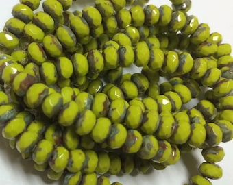 30 - Czech Glass 3x5mm Faceted Rondelle - Bohemian Spacer Beads / Boho Accent Beads / Rustic Jewelry Supply - Opaque Olive Cut-thru Picasso