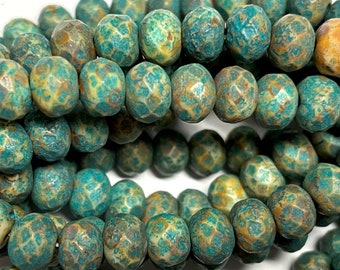 25 - Czech Glass 7x5mm Faceted Rondelle - Bohemian Spacer Beads / Rustic Boho Accent Beads - Etched Ivory Turquoise Wash Picasso