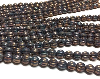 25 - Czech Glass 8mm Fluted Round Melon Beads - Bohemian Focal Beads / Boho Accent Beads / Rustic Spacer Beads - Oxidized Bronze