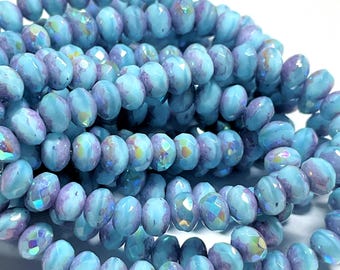 Czech Glass 3x5mm Faceted Rondelle - Bohemian Spacers / Rustic Boho Accent Beads - Opaque Sky Blue AB Cut-thru Amethyst Luster