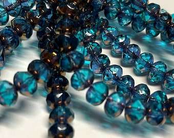 Czech Glass 7x5mm Faceted Rondelle - Bohemian Spacer Beads / Boho Accent Beads / Jewelry Supply - Malibu Blue Cut-thru Bronze