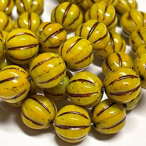 Czech Glass 8mm Fluted Round Melon Beads - Bohemian Focal Beads / Boho Accent Beads / Spacer Beads - Milky Yellow Picasso