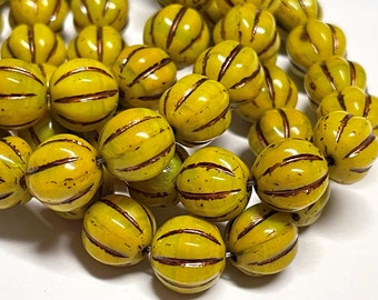 Czech Glass 8mm Fluted Round Melon Beads - Bohemian Focal Beads / Boho Accent Beads / Spacer Beads - Milky Yellow Picasso