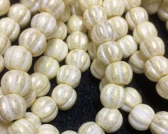 Czech Glass 8mm Large Hole Melon Beads - Bohemian Focal Beads / Rustic Boho Accent Beads - Yellow Ivory Mercury Finish