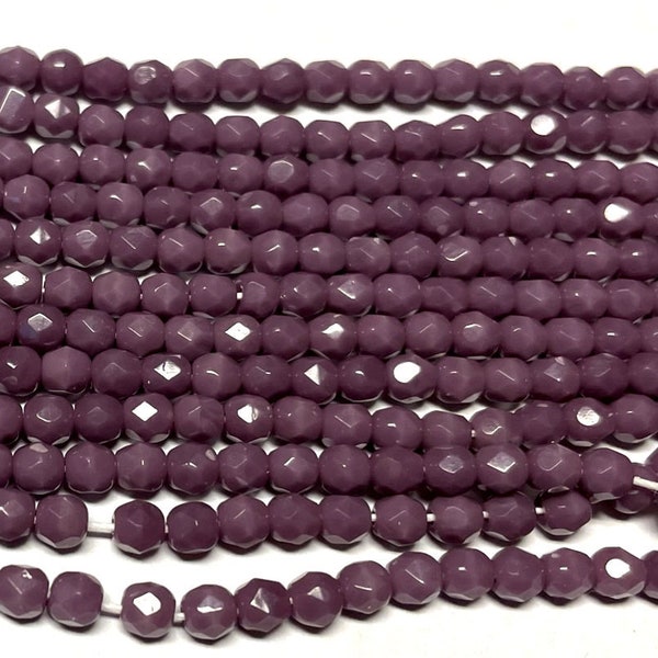 50 - Czech Glass 4mm Faceted Fire-Polished Round Beads - Bohemian Spacer Beads / Accent Beads / Jewelry Supply - Opaque Purple